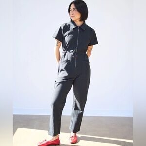 Noble Short Sleeve Zip Up Utility Suit in Ash Black White Contrast Stitching S